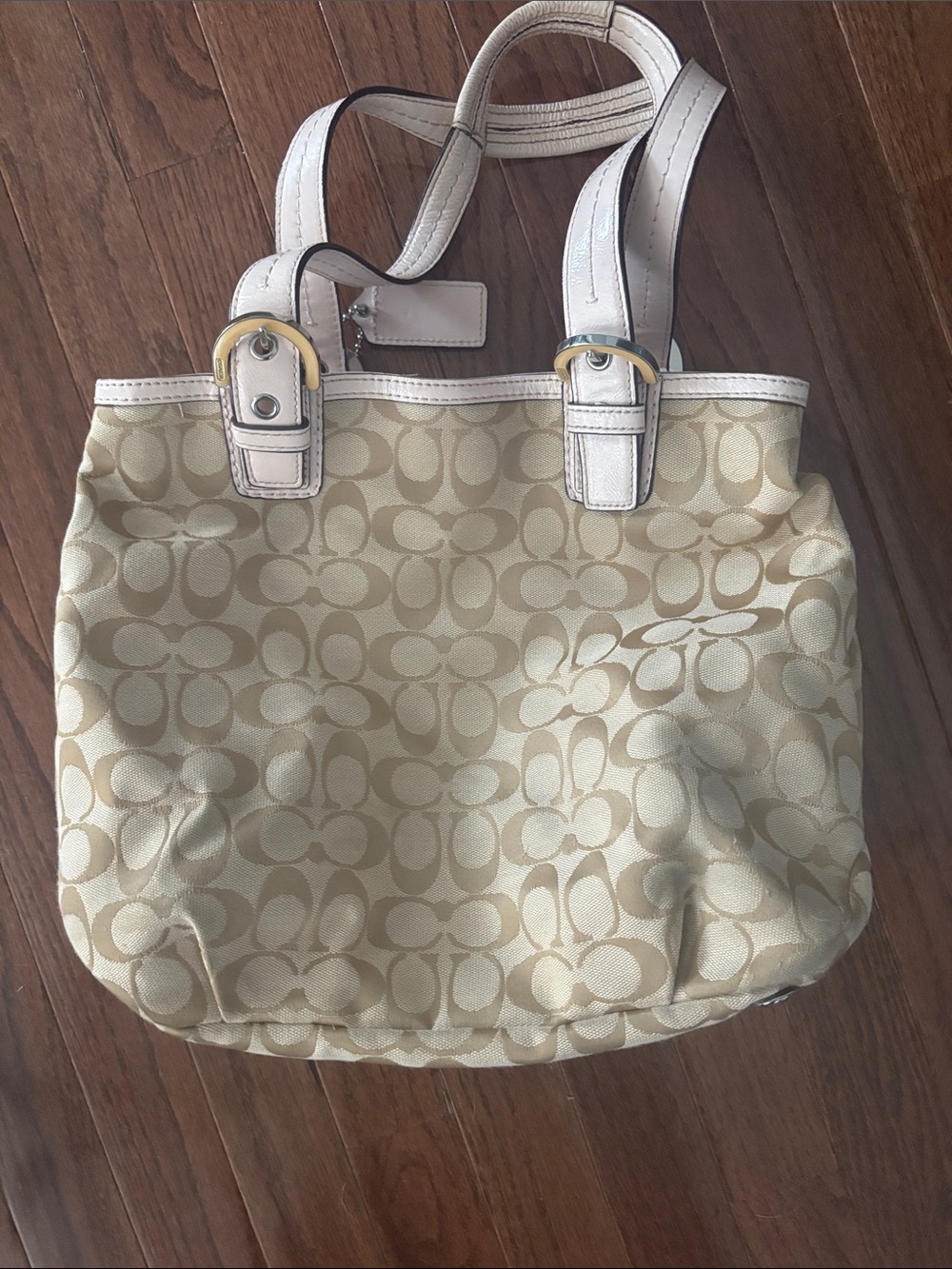 Coach Cream Patterned Tote Bag with Light Pink Leather Straps